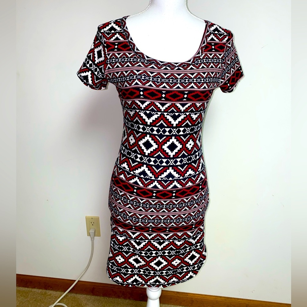 Tribal Print Red Black off white mini Dress Aztec Side Slit Ultra Flirt Medium